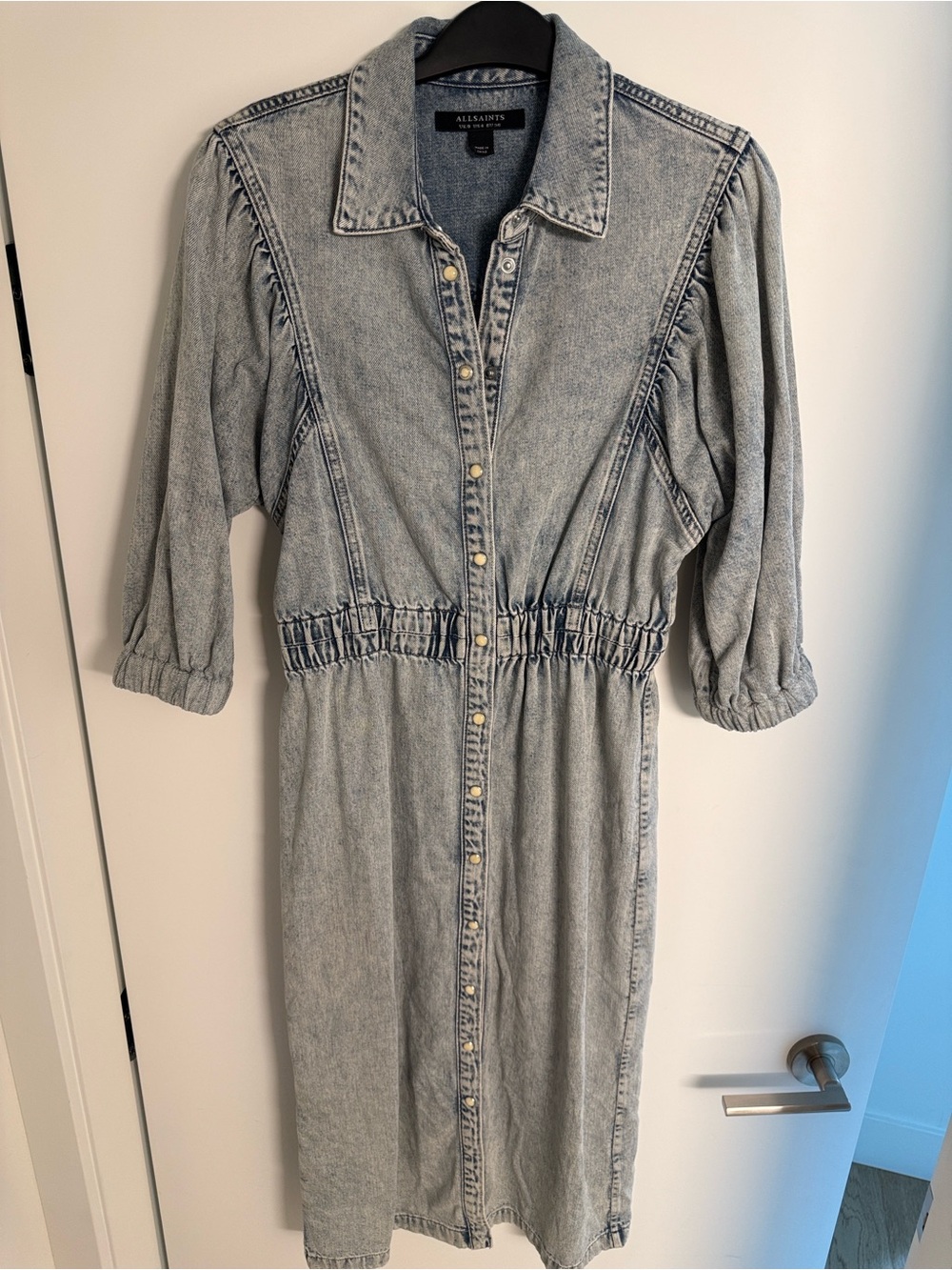 All Saints Osa Light Wash Denim Shirt Dress in Light Blue